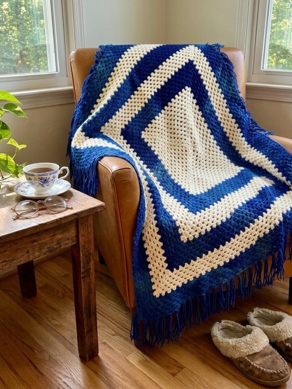 Vintage 70s Crochet Granny Square Blanket Afghan Blue Cream Fringe 54” Squared